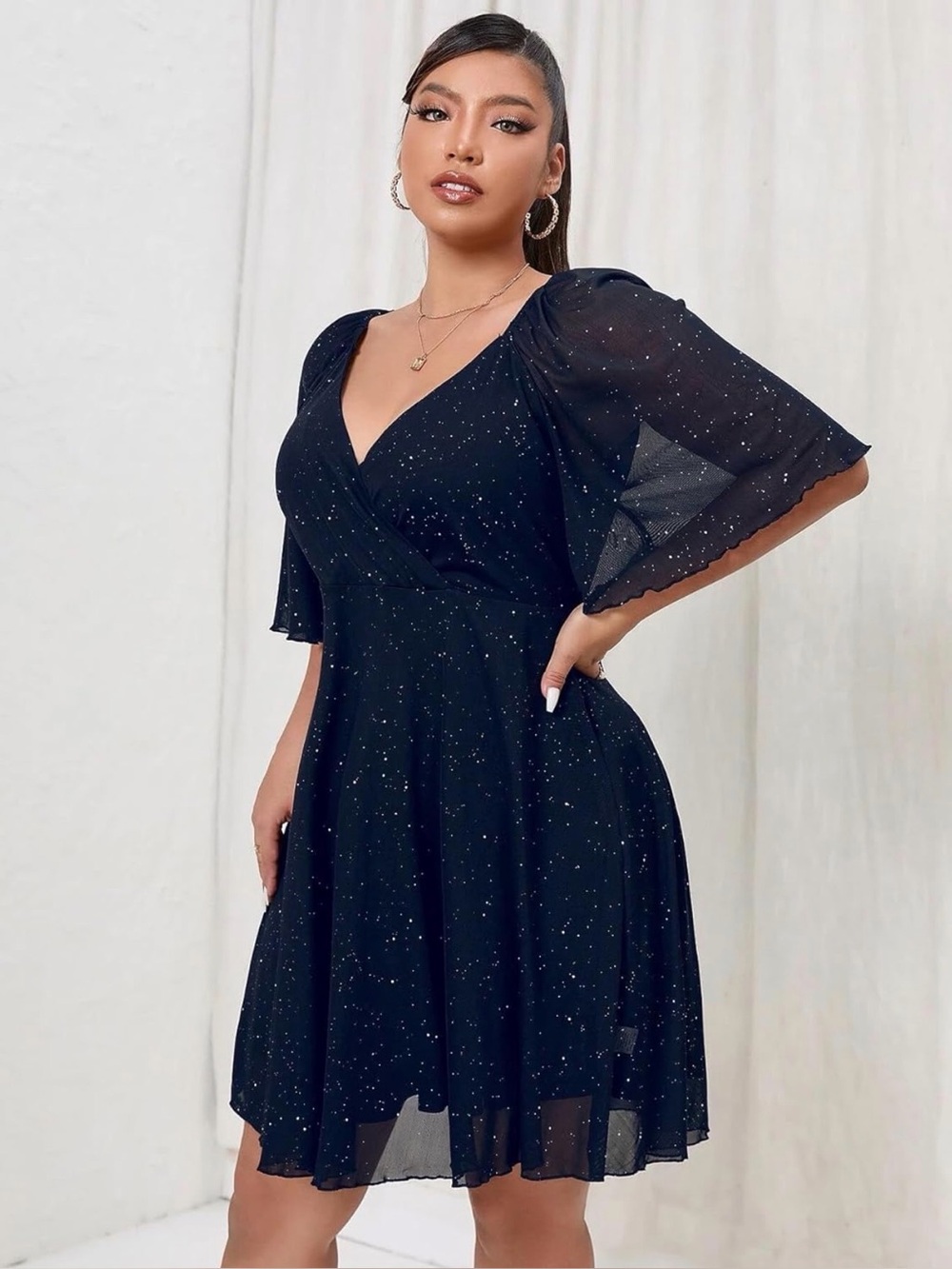 NWT Navy Sparkle V-Neck Fit & Flare Mini Dress Evening Party Plus Size, 3X